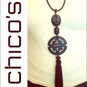 Chico's Black Leather Long Asian Tassel Necklace
